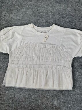 NWT Maeve‎ Anthropologie XL White Puff Sleeve Glitter Tulle Peplum Top $128
